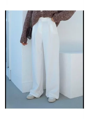 MetuCa Kadın Yüksek Bel Pileli Bol Paça Palazzo Model Kumaş Pantolon - Beyaz