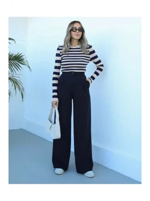 MetuCa Kadın Yüksek Bel Pileli Bol Paça Palazzo Model Kumaş Pantolon - Siyah