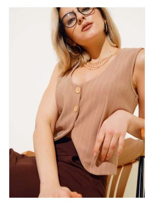 MetuCa Kadın Kolsuz U Yaka Çizgili Kumaş Cepli Düğmeli Vücudu Saran Yelek Crop - Vizon