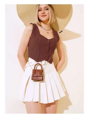 MetuCa Kadın Kalp Yaka Çizgili Düğmeli Korseli Vücudu Saran Crop Yelek - Kahverengi