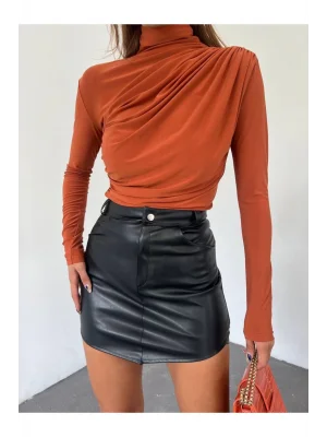 MetuCa Kadın Omuzdan Drapeli Yarım Balıkçı Yaka Uzun Kollu Vücudu Saran Bluz - Turuncu