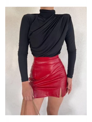 MetuCa Kadın Omuzdan Drapeli Yarım Balıkçı Yaka Uzun Kollu Vücudu Saran Bluz - Siyah