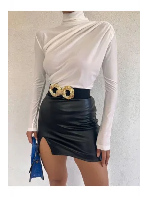 MetuCa Kadın Omuzdan Drapeli Yarım Balıkçı Yaka Uzun Kollu Vücudu Saran Bluz - Beyaz