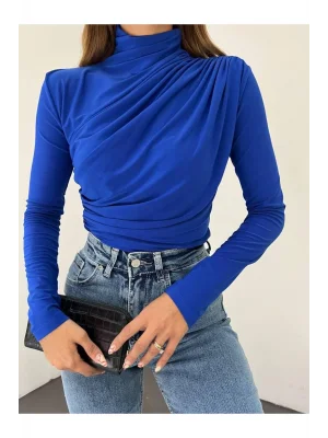 MetuCa Kadın Omuzdan Drapeli Yarım Balıkçı Yaka Uzun Kollu Vücudu Saran Bluz - Mavi
