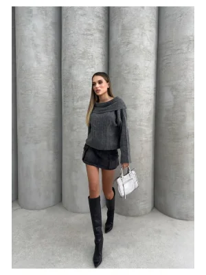 MetuCa Kadın Gri Madonna Yaka Düşük Omuz Uzun Kollu Vücudu Saran Triko Kazak