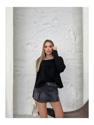 MetuCa Kadın Siyah Madonna Yaka Düşük Omuz Uzun Kollu Vücudu Saran Triko Kazak