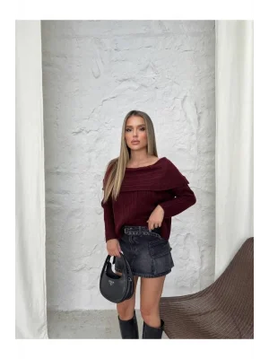 MetuCa Kadın Bordo Madonna Yaka Düşük Omuz Uzun Kollu Vücudu Saran Triko Kazak