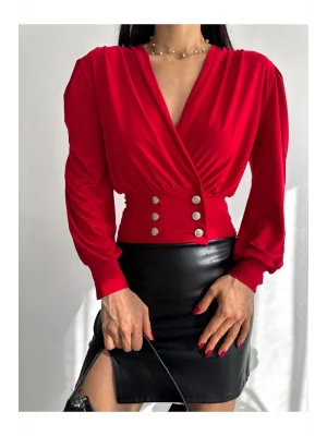 MetuCa Kadın Kruvaze Yaka Vatkalı Balon Kol Düğme Detaylı Vücudu Saran Bluz - Kırmızı