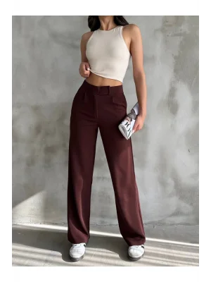 MetuCa Kadın Acı Kahve Yüksek Bel Cırtlı Pileli Bol Paça Palazzo Model Kumaş Pantolon