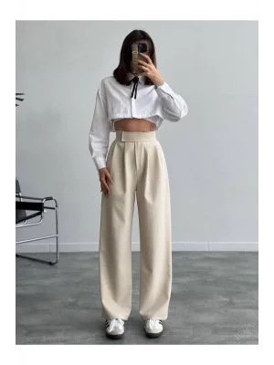 MetuCa Kadın Krem Yüksek Bel Cırtlı Pileli Bol Paça Palazzo Model Kumaş Pantolon