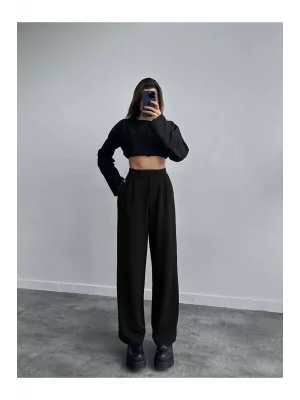 MetuCa Kadın Siyah Yüksek Bel Cırtlı Pileli Bol Paça Palazzo Model Kumaş Pantolon