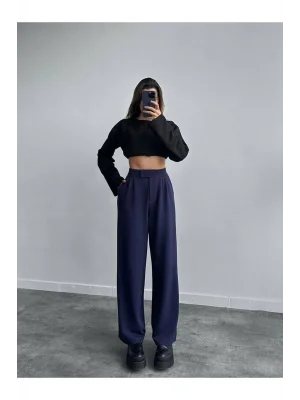 MetuCa Kadın Lacivert  Yüksek Bel Cırtlı  Pileli Bol Paça Palazzo Model Kumaş Pantolon
