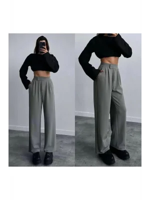 MetuCa Kadın Gri Yüksek Bel Cırtlı  Pileli Bol Paça Palazzo Model Kumaş Pantolon
