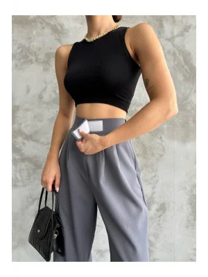 MetuCa Kadın Antrasit Yüksek Bel Cırtlı Pileli Bol Paça Palazzo Model Kumaş Pantolon