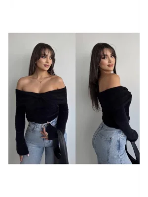 MetuCa Kadın Düşük Omuz Kayık Yaka Çapraz Drapeli Uzun Kollu Triko Kazak - Siyah