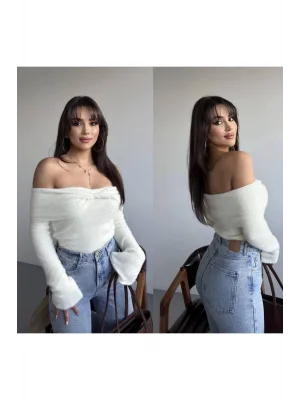 MetuCa Kadın Düşük Omuz Kayık Yaka Çapraz Drapeli Uzun Kollu Triko Kazak - Beyaz