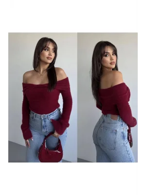 MetuCa Kadın Düşük Omuz Kayık Yaka Çapraz Drapeli Uzun Kollu Triko Kazak - Bordo