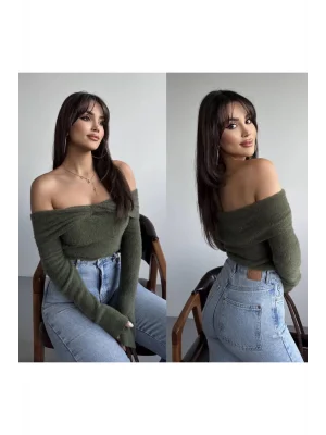 MetuCa Kadın Düşük Omuz Kayık Yaka Çapraz Drapeli Uzun Kollu Triko Kazak - Haki