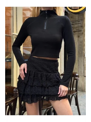 MetuCa Kadın Yüksek Bel Beli Lastikli Kat Kat Fırfırlı Güpür İçi Şortlu Mini Etek - Siyah