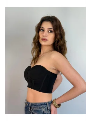 MetuCa Kadın Straplez Kalp Yaka Korse Detaylı Scuba Kumaş Vücudu Saran Büstiyer Crop - Siyah