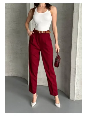 MetuCa Kadın Yüksek Bel Pileli Cepli Havuç Kesim Kumaş Pantolon - Kırmızı