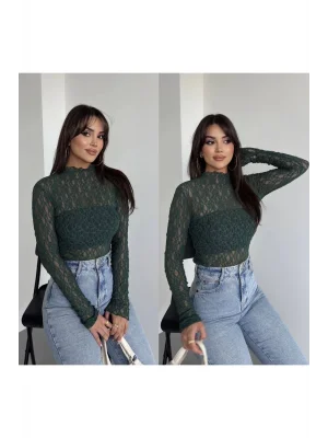 MetuCa Kadın Yarım Balıkçı Yaka Uzun Kollu File Desenli Dantel Transparan Bluz - Haki