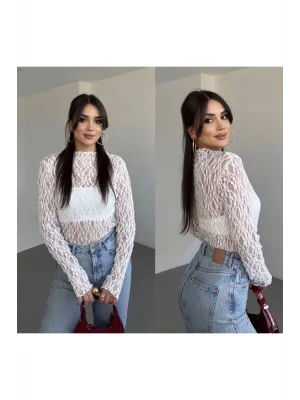 MetuCa Kadın Yarım Balıkçı Yaka Uzun Kollu File Desenli Dantel Transparan Bluz - Beyaz