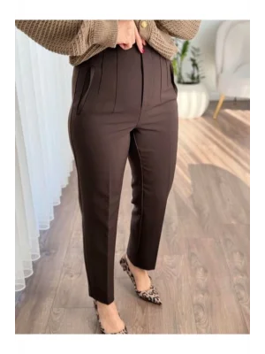 MetuCa Kadın Kahverengi Yüksek Bel Pens Detaylı Havuç Paça Kalın Tok Kumaş Pantolon
