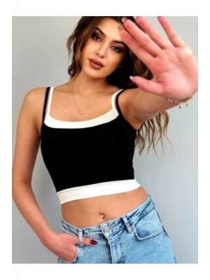 MetuCa Kadın Kare Yaka Kenarları Kontrast Şeritli Vücudu Saran Kaşkorse Crop Atlet - Siyah