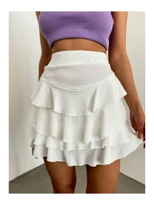 MetuCa Kadın Yüksek Bel Beli Lastikli Kat Kat Fırfırlı Gofre Kumaş Mini Şort Etek - Beyaz