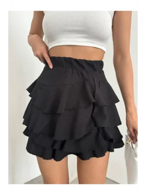 MetuCa Kadın Yüksek Bel Beli Lastikli Kat Kat Fırfırlı Gofre Kumaş Mini Şort Etek - Siyah