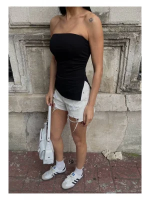 MetuCa Kadın Straplez Yanları Büzgülü Yırtmaçlı Vücudu Saran Kaşkorse Bluz - Siyah