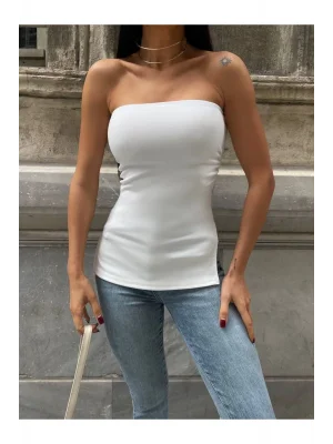 MetuCa Kadın Straplez Yanları Büzgülü Yırtmaçlı Vücudu Saran Kaşkorse Bluz - Beyaz