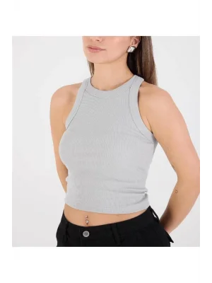 MetuCa Kadın Halter Yaka Sıfır Kol Vücudu Saran Fitilli Kaşkorse Crop Atlet - Gri