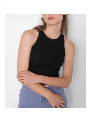 MetuCa Kadın Halter Yaka Sıfır Kol Vücudu Saran Fitilli Kaşkorse Crop Atlet - Siyah