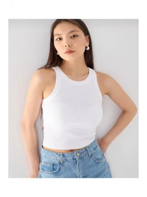 MetuCa Kadın Halter Yaka Sıfır Kol Vücudu Saran Fitilli Kaşkorse Crop Atlet - Beyaz