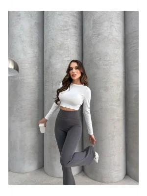 MetuCa Kadın Yüksek Bel Toparlayıcı Vücudu Saran Scuba Kumaş İspanyol Paça Tayt Pantolon - Füme