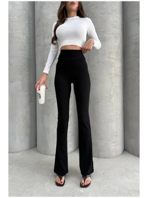 MetuCa Kadın Yüksek Bel Toparlayıcı Vücudu Saran Scuba Kumaş İspanyol Paça Tayt Pantolon - Siyah