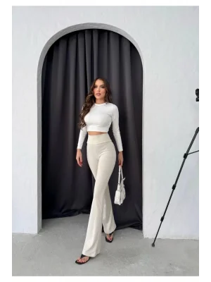 MetuCa Kadın Yüksek Bel Toparlayıcı Vücudu Saran Scuba Kumaş İspanyol Paça Tayt Pantolon - Bej