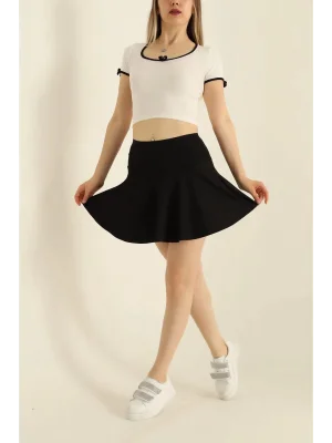 MetuCa Kadın Yüksek Bel Beli Lastikli Kloş Kesim Dökümlü Mini Tenisçi Şort Etek - Siyah