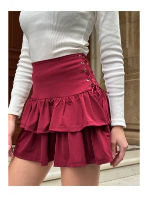 MetuCa Kadın Yüksek Bel Yanları Büzgülü Kat Kat Fırfırlı Vücudu Saran Mini Etek - Kırmızı