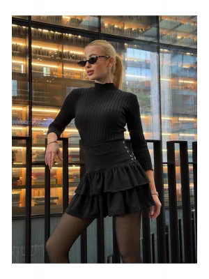 MetuCa Kadın Yüksek Bel Yanları Büzgülü Kat Kat Fırfırlı Vücudu Saran Mini Etek - Siyah