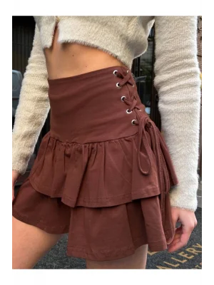 MetuCa Kadın Yüksek Bel Yanları Büzgülü Kat Kat Fırfırlı Vücudu Saran Mini Etek - Kahverengi