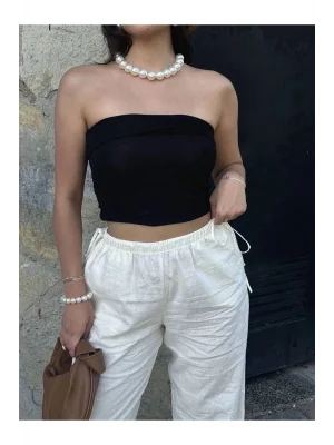 MetuCa Kadın Straplez Vücudu Saran Göğüs Kıvrımlı Fitilli Kaşkorse Basic Crop Bluz - Siyah