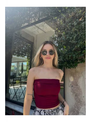MetuCa Kadın Straplez Vücudu Saran Göğüs Kıvrımlı Fitilli Kaşkorse Basic Crop Bluz - Bordo