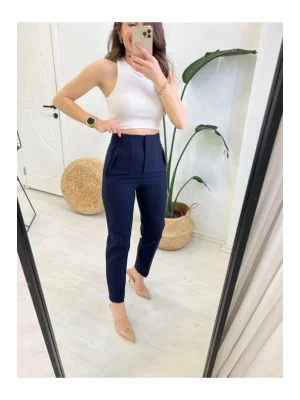 MetuCa Kadın Yüksek Bel Pens Detaylı Cepli Havuç Kesim Kumaş Pantolon - Lacivert