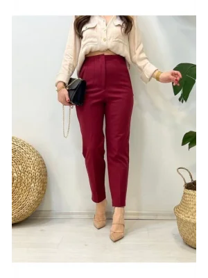 MetuCa Kadın Yüksek Bel Önü Pens Detaylı Cepli Havuç Kesim Kumaş Pantolon - Bordo