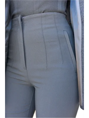 MetuCa Kadın Yüksek Bel Cepli Önü Çift Pileli Havuç Kesim Kumaş Pantolon - Gri