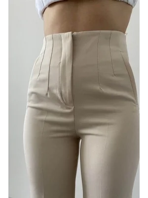 MetuCa Kadın Yüksek Bel Önü Çift Pileli Cepli Kemer Köprülü Keten Kumaş Pantolon - Krem