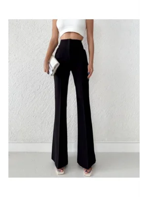 MetuCa Kadın Yüksek Bel Önü Düğmeli İspanyol Paça Parlak Atlas Kumaş Pantolon - Siyah